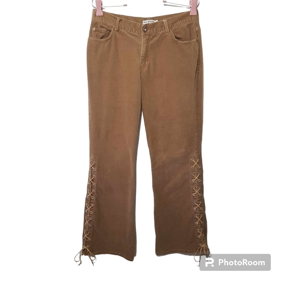 Max Studio Lace Up Brown Corduroy Pants Midrise Bootcut Flare
